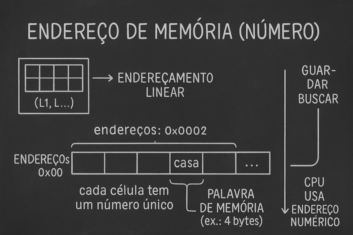 Um diagrama que ilustra o endereçamento linear, como uma palavra de memória, exemplo, 4 bytes com a palavra casa, é armazenada e como a CPU usa esses endereços numéricos para guardar e buscar dados.