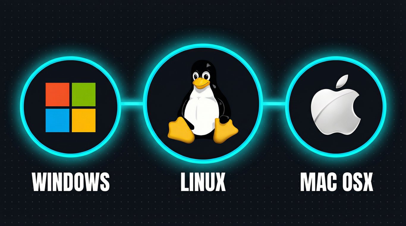 Três ícones em círculos, representando sistemas operacionais. Da esquerda para a direita, os ícones são: o logo do Windows, o pinguim mascote do Linux e o logo da Apple, que representa o Mac OS X. Os três círculos estão conectados por linhas horizontais.