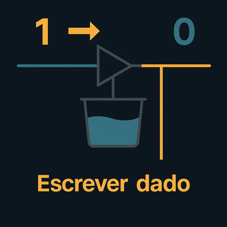 Diagrama mostrando como escrever um dado em uma célula de memória: um sinal de 1 é transformado em 0 por um capacitor que age como um componente que armazena temporariamente dados.