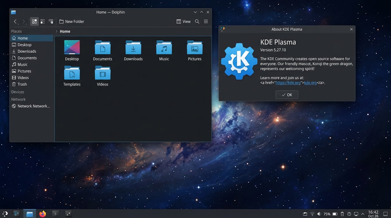 Área de trabalho do KDE Plasma. Duas janelas estão abertas, uma é o gerenciador de arquivos, mostrando pastas como, Templates, Music e Downloads. A outra janela, menor, é a caixa de diálogo, About KDE, que exibe um texto sobre a comunidade KDE e seu mascote, um dragão verde. A barra de tarefas na parte inferior da tela mostra ícones de aplicativos e a data.