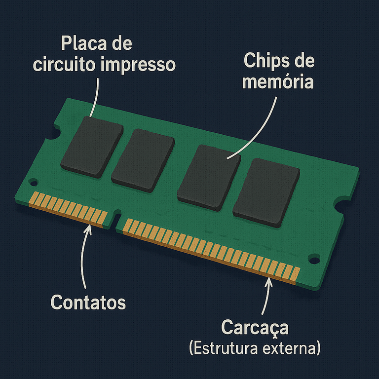 Ilustração detalhada de uma memória RAM, com rótulos apontando para seus componentes principais, a placa de circuito impresso, os Chips de memória, os Contatos elétricos e a carcaça que é a estrutura externa.