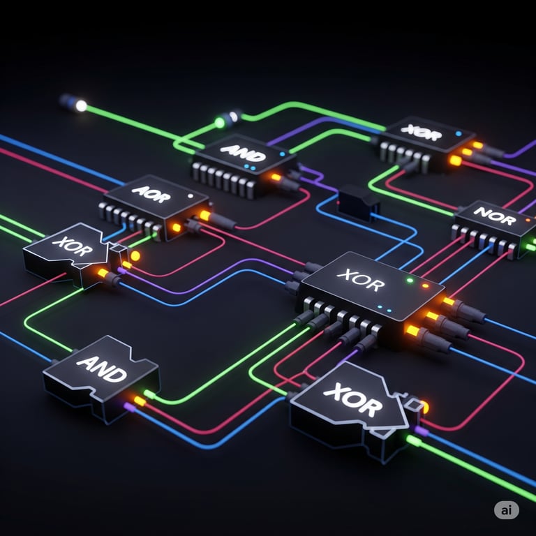 Uma rede de circuitos lógicos digitais interconectados com portas AND, OR, XOR e NOR, ilustrando o fluxo de dados.