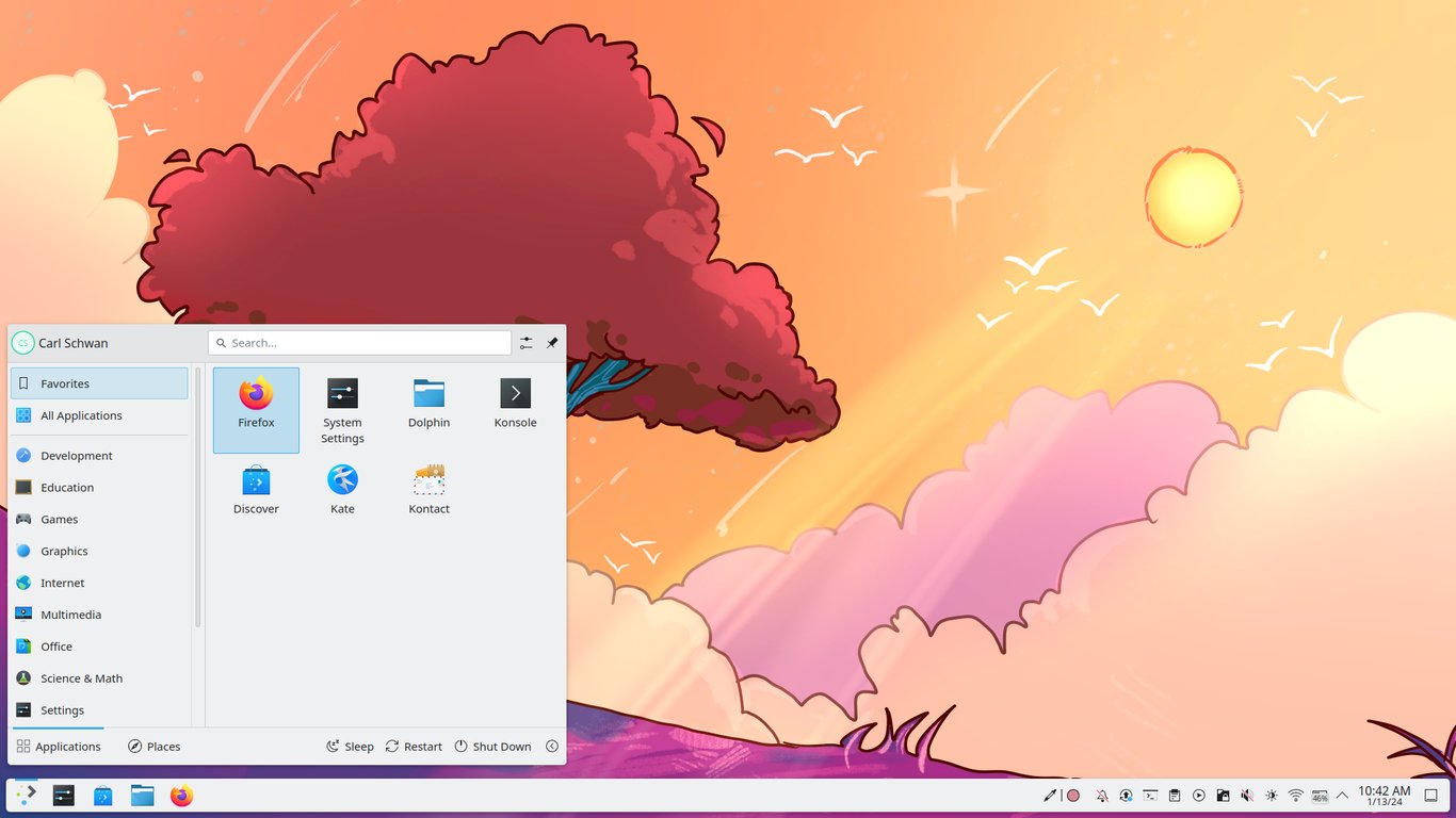 Captura de tela da área de trabalho de um sistema Linux com ambiente KDE Plasma em tema claro, exibindo o menu de aplicativos aberto sobre um papel de parede ilustrado.