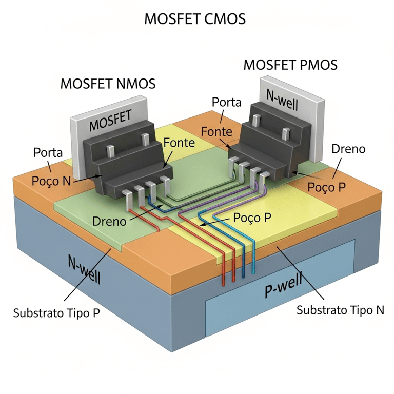 Uma ilustração de um MOSFET CMOS, mostrando a combinação de um MOSFET NMOS e um MOSFET PMOS em um único MOSFET, com detalhes de suas conexões internas e regiões como Poço N, Poço P  e os substratos Tipo P e Tipo N.