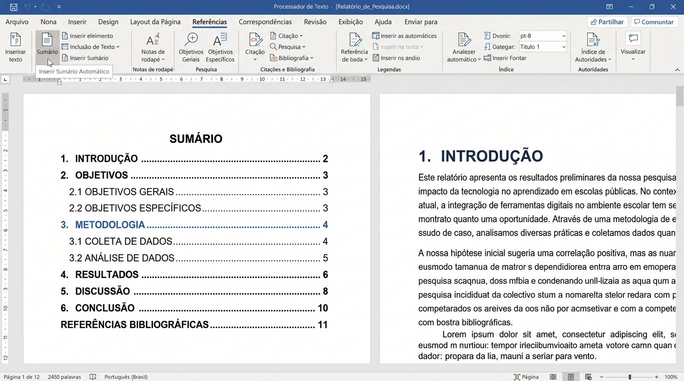 Editor de texto demonstrando a ferramenta de Sumário Automático, que gera um índice de navegação gerado pelo sistema com base na estrutura de títulos do documento.