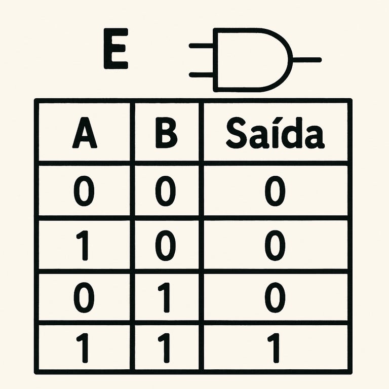 Uma imagem mostrando o símbolo da porta lógica E, AND, e sua tabela de possibilidades de saída. A tabela tem colunas para as entradas A e B, e para a Saída, exibindo que a saída é 1 apenas quando ambas as entradas A e B são 1 em todas as outras combinações, a saída é 0.