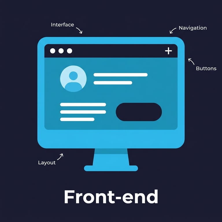 Ilustração com uma tela que mostra ícones de mídia para representar o front-end.