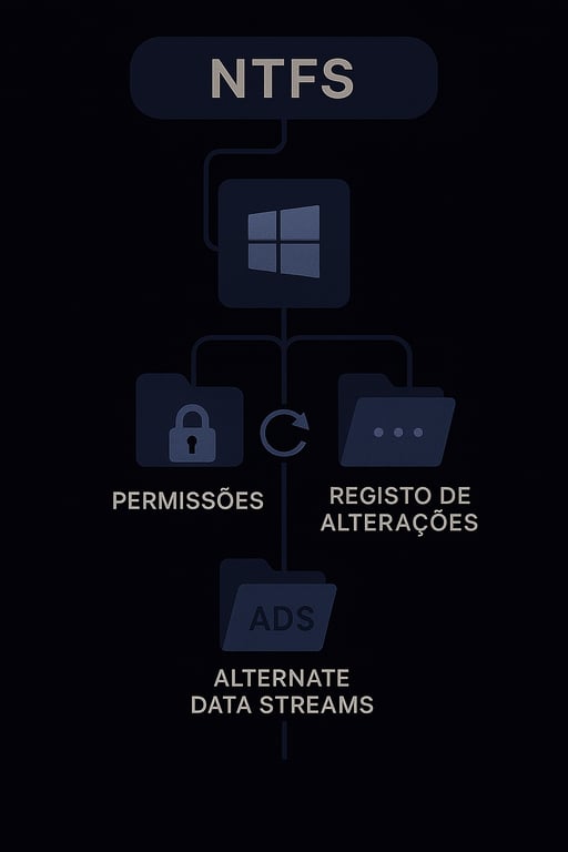 Fluxograma que descreve as funcionalidades do NTFS, o sistema de arquivos do Windows. O diagrama mostra o NTFS no topo, conectando-se a um ícone do Windows. Ele destaca recursos como Permissões, com um ícone de cadeado, Registro de Alterações, com um ícone de loop e pastas, e Alternate Data Streams ADS.