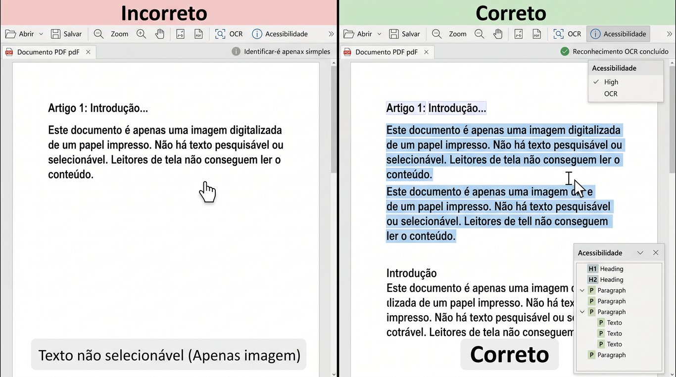 Comparativo de documentos digitalizados: o exemplo incorreto mostra uma página escaneada como uma imagem plana, sem texto selecionável. O exemplo correto demonstra a aplicação de OCR, que converte a imagem em texto real, selecionável e com estrutura de tags para acessibilidade.