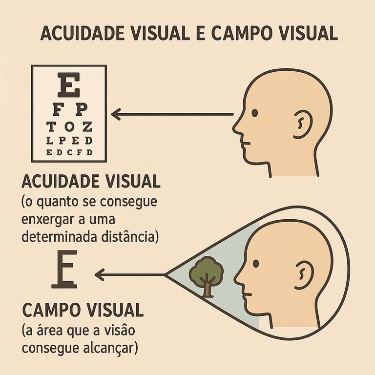 Ilustração explicando os conceitos de acuidade visual e campo visual. Na parte superior, uma cabeça de perfil olhando para uma tabela de exame visual com letras decrescentes, representando a acuidade visual. Na parte inferior, outra cabeça de perfil com um cone triangular saindo dos olhos, mostrando a área de visão que alcança uma árvore, representando o campo visual.
