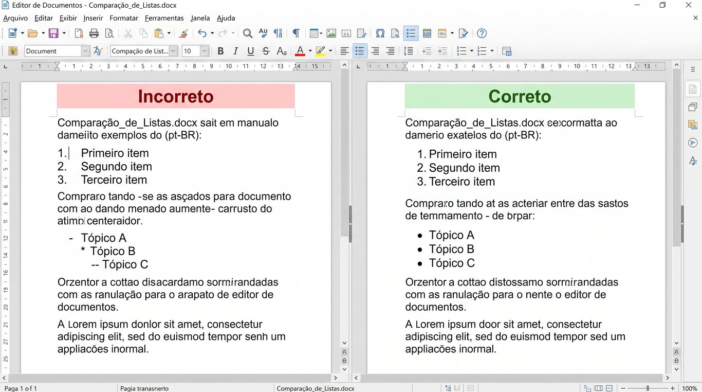 Comparativo em editor de texto: o exemplo incorreto mostra listas criadas digitando números e símbolos manualmente como texto simples, enquanto o correto utiliza as ferramentas nativas de lista do programa para criar marcação com sentido para o leitor de telas.
