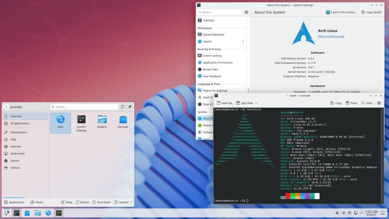 tela da área de trabalho do Arch Linux com ambiente gráfico KDE Plasma em tema claro, exibindo o menu de aplicativos aberto, informações do sistema e um terminal.