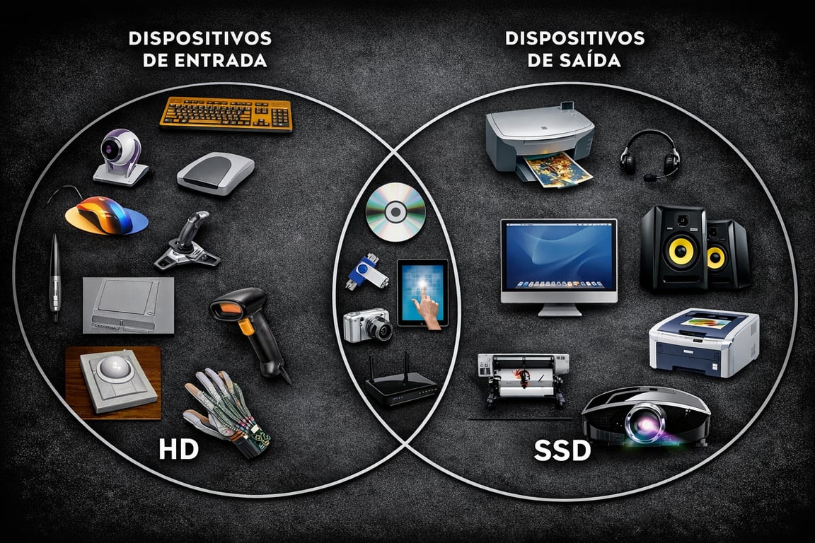  A imagem é um diagrama que classifica dispositivos de entrada e saída de um computador. O diagrama é dividido em duas seções principais: Dispositivos de Entrada à esquerda e Dispositivos de Saída à direita. No centro, onde as duas seções se sobrepõem, está um roteador, que pode ser considerado tanto um dispositivo de entrada quanto de saída.