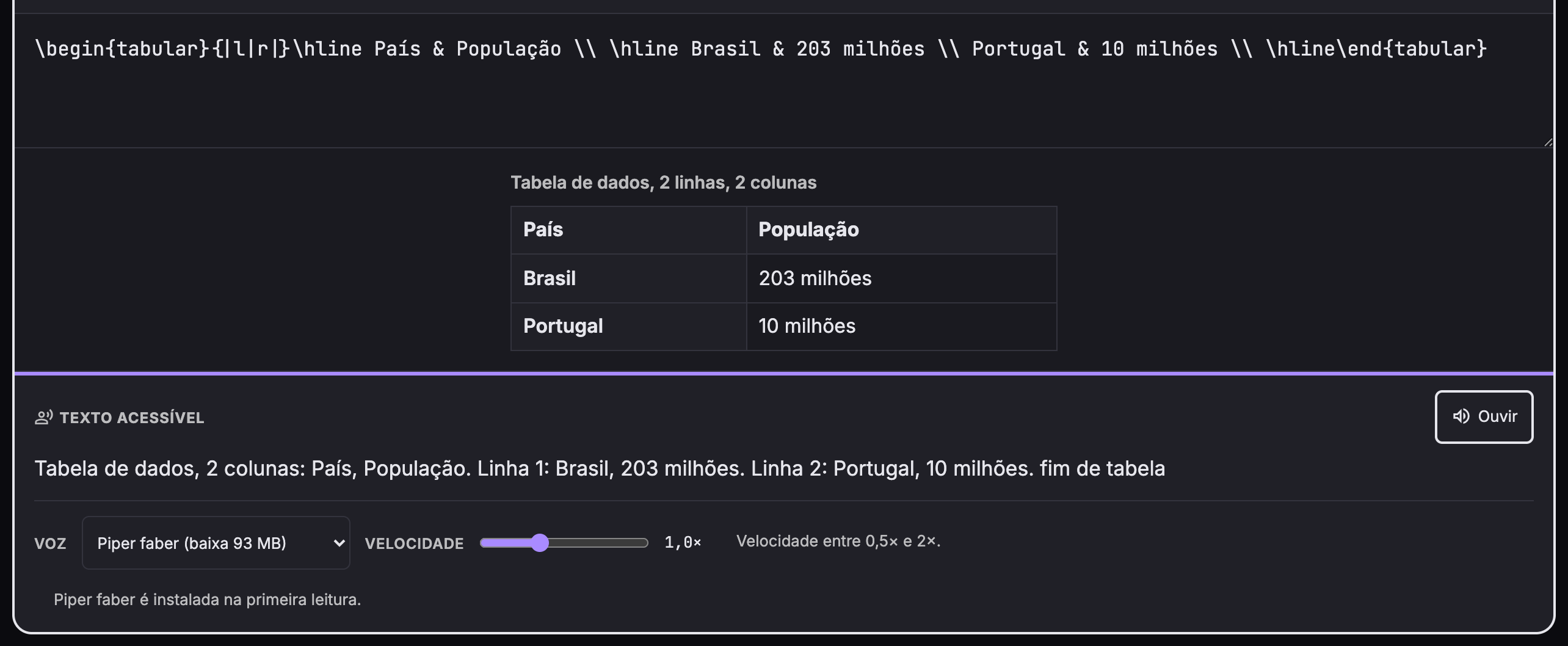 Editor com código de tabela LaTeX, a tabela desenhada com cabeçalhos e a leitura por linhas.
