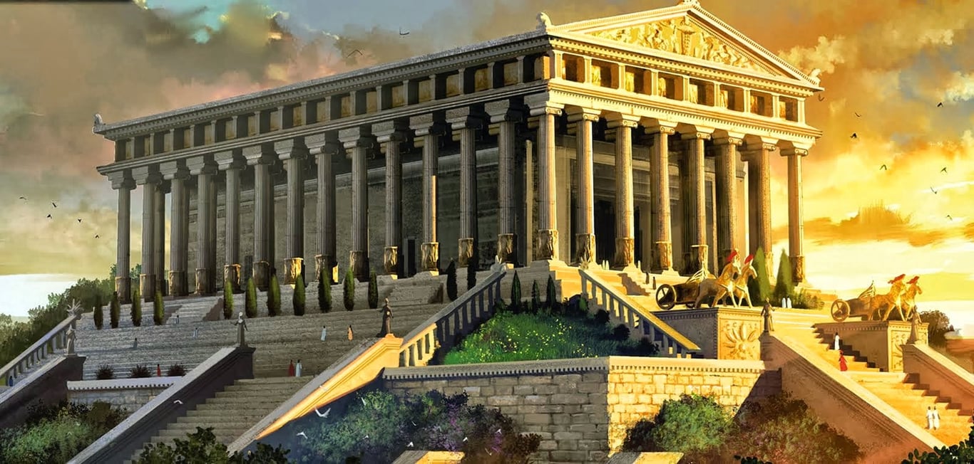 ilustração digital de um templo no estilo clássico grego. O templo está em uma colina com uma escadaria que leva até ele. O templo tem um frontão com um friso e colunas. Existem dois carros de guerra com cavalos em ambos os lados da escadaria. O céu é laranja e há pássaros voando ao fundo.