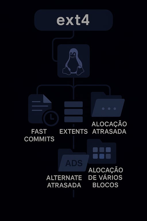 Fluxograma que descreve as funcionalidades do ext4, o sistema de arquivos do Linux. O diagrama mostra o ext4 no topo, conectando-se a um ícone do Tux, o pinguim mascote do Linux. Ele destaca recursos como Fast Commits, Extents, Alocação Atrasada, Alocação de Vários Blocos e Alternate Data Streams ADS com Alocação Atrasada.