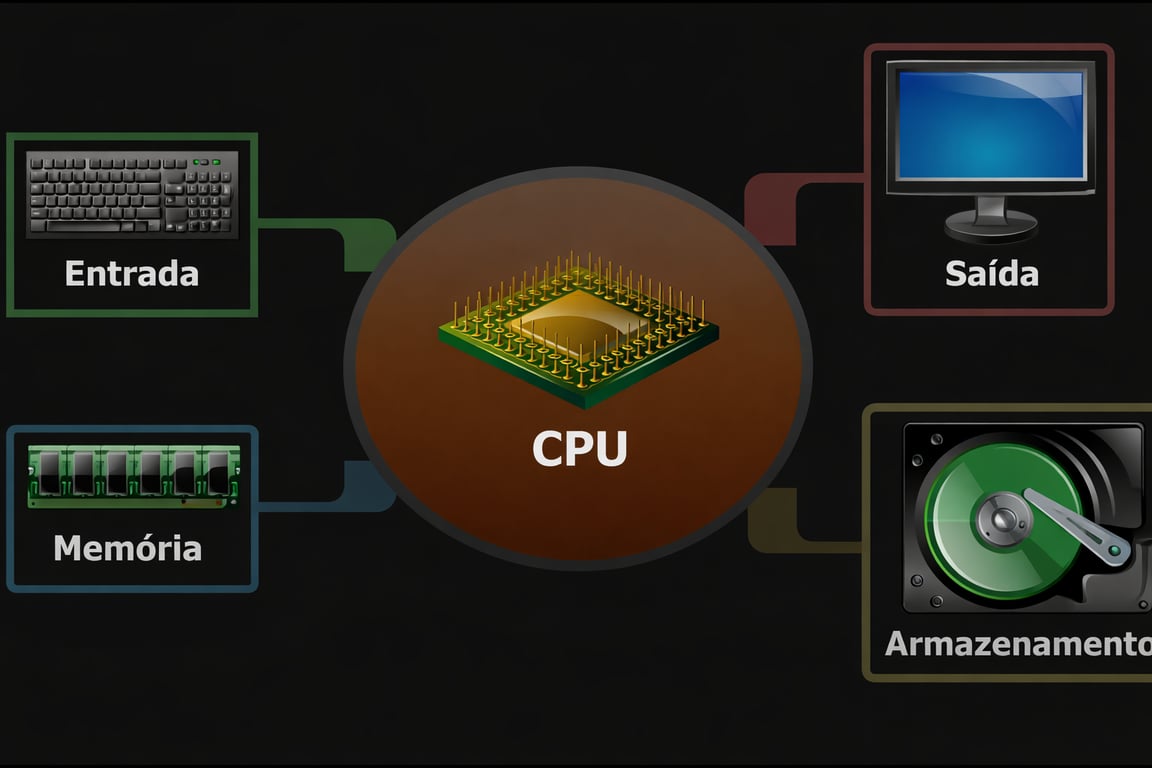 Ilustração que mostra as partes principais de um computador e como elas estão ligadas a CPU que é a unidade central de processamento.  No centro, há um círculo laranja com a palavra CPU e uma imagem de um chip de processador. Mais detalhes na descrição completa a seguir.