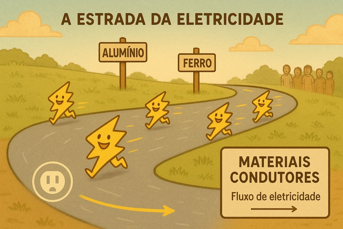 Ilustração de uma estrada onde pequenos raios de energia correm livremente sobre superfícies com placas de cobre, alumínio e ferro, representando a passagem fácil da eletricidade em materiais condutores.