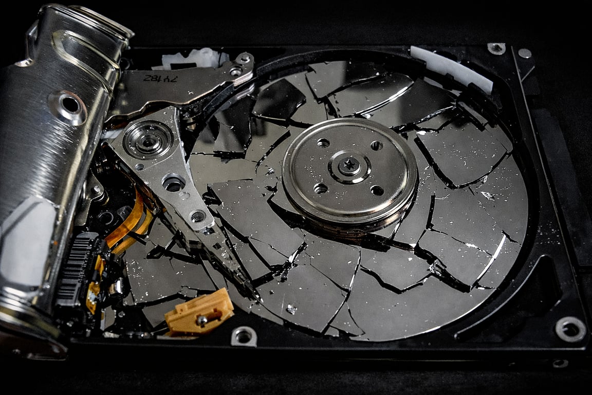 Um HD danificado, com a agulha tocando o disco, todo quebrado, arranhado e com sujeira visível.