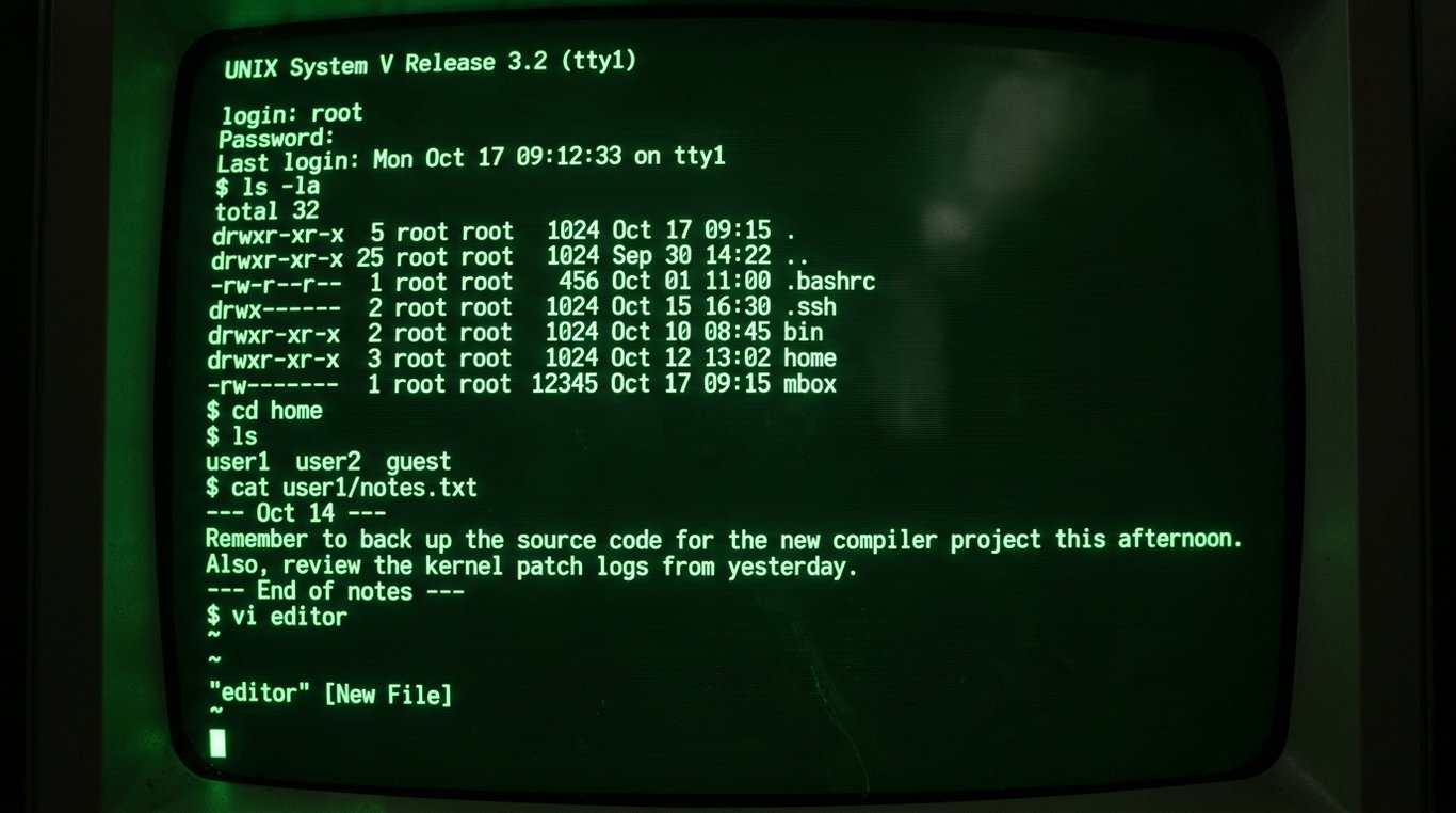 Monitor CRT antigo exibindo um terminal monocromático verde de um sistema UNIX, com o usuário executando comandos de diretório e abrindo um editor de texto.