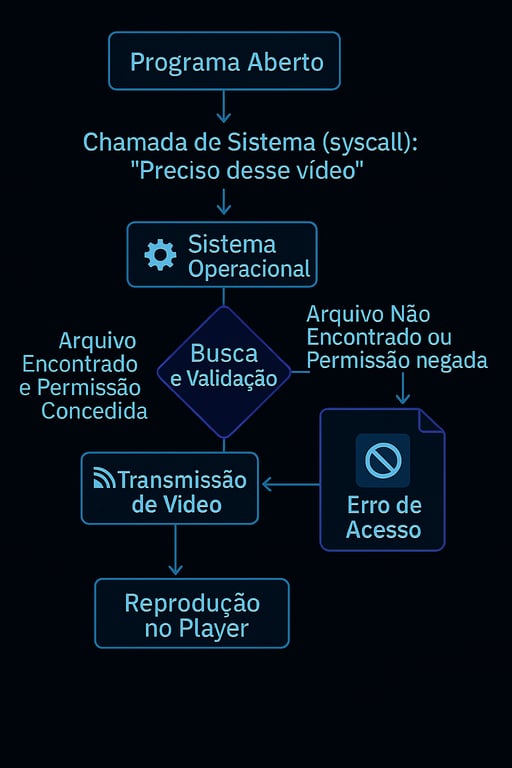 Fluxograma que ilustra a interação entre um programa e o sistema operacional para acessar um vídeo. O fluxo começa com um Programa Aberto fazendo uma Chamada de Sistema para o Sistema Operacional. O sistema operacional realiza uma Busca e Validação. Se o Arquivo é Encontrado e Permissão é Concedida, ocorre uma Transmissão de Vídeo que leva à Reprodução no Player. Caso contrário, se o Arquivo Não é Encontrado ou Permissão é Negada, o fluxo leva a um Erro de Acesso.