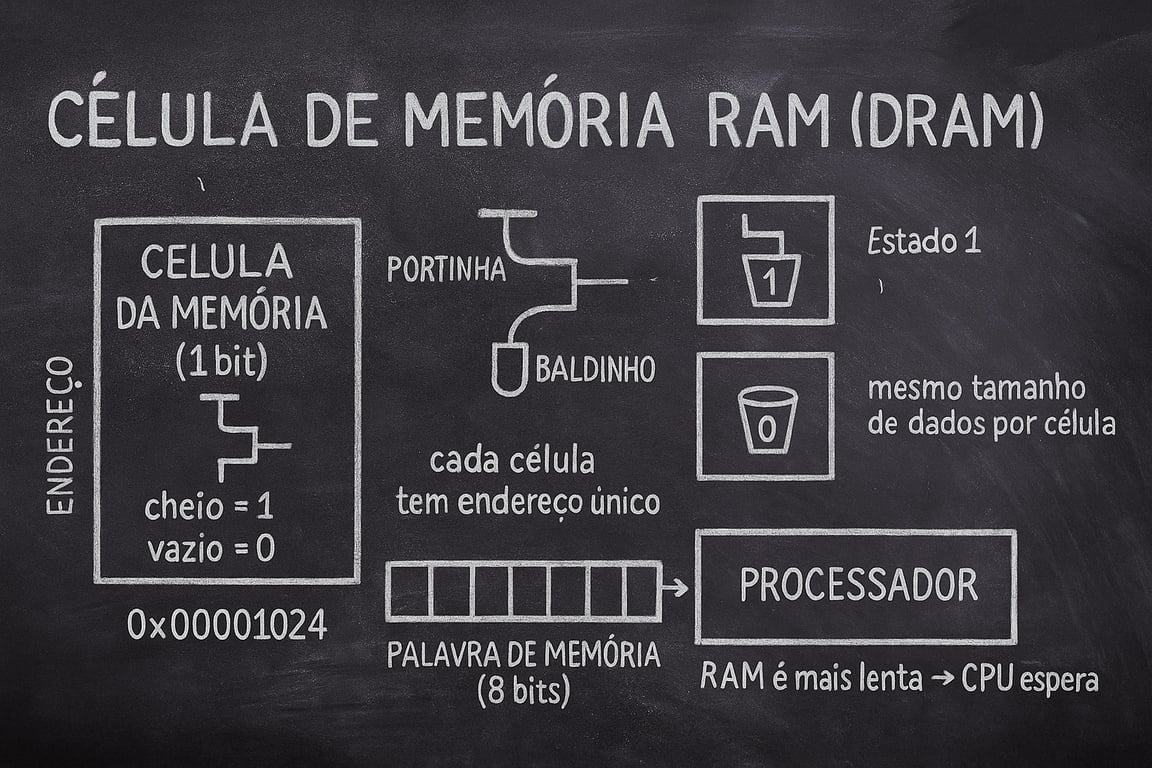 Imagem que explica uma célula de memória RAM usando a analogia de uma portinha e um baldinho para armazenar um bit, 1 ou 0. A imagem mostra como várias células formam uma palavra de memória de 8 bits que se conecta a um processador, com uma nota indicando que a RAM é mais lenta que a CPU.