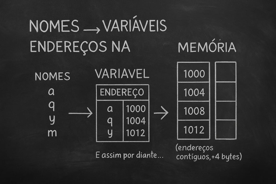 Um diagrama que mostra como as variáveis a, q, y e m são armazenadas em endereços de memória específicos, como 1000, 1004, 1008 e 1012, respectivamente.