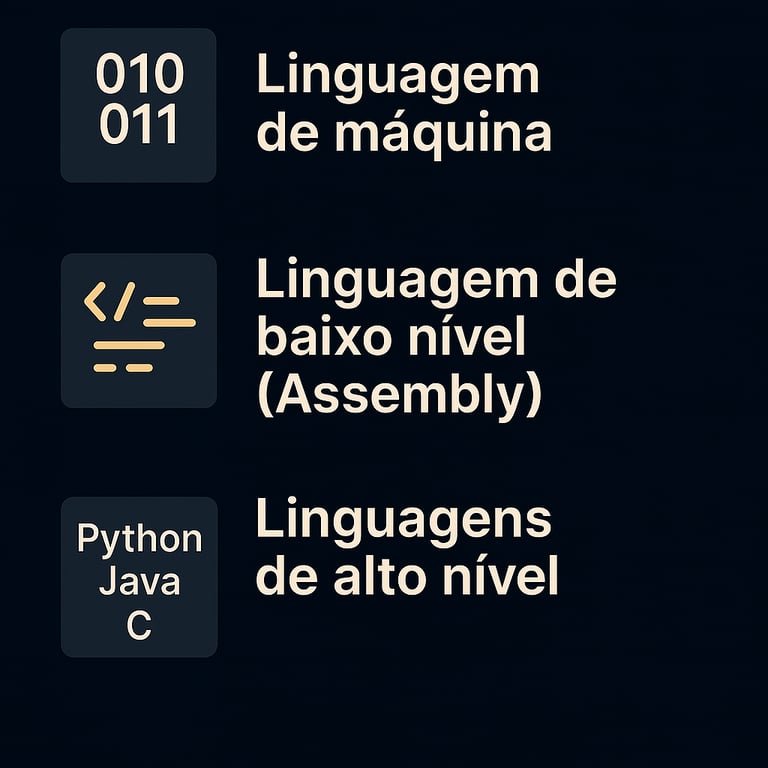 Níveis de linguagens de programação linguagem de máquina, baixo nível e alto nível.