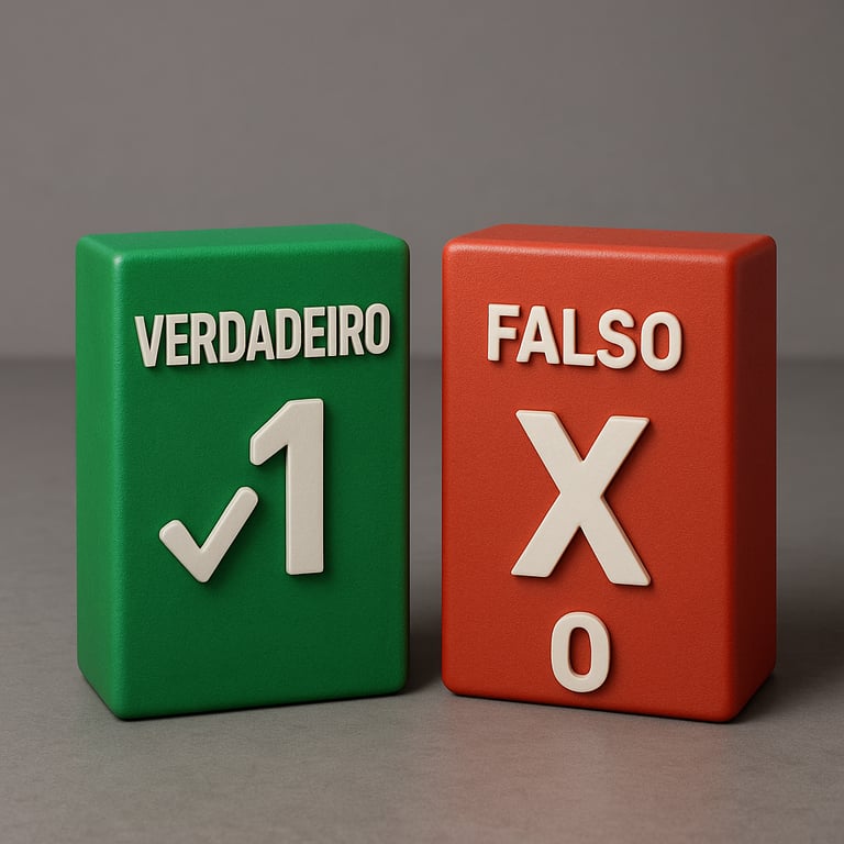 Dois blocos retangulares, um verde escrito a palavra VERDADEIRO com um símbolo de verificado e o número 1, o outro bloco é vermelho e está escrito a palavra FALSO com um símbolo de X e o número 0, representando os estados binários de lógica.