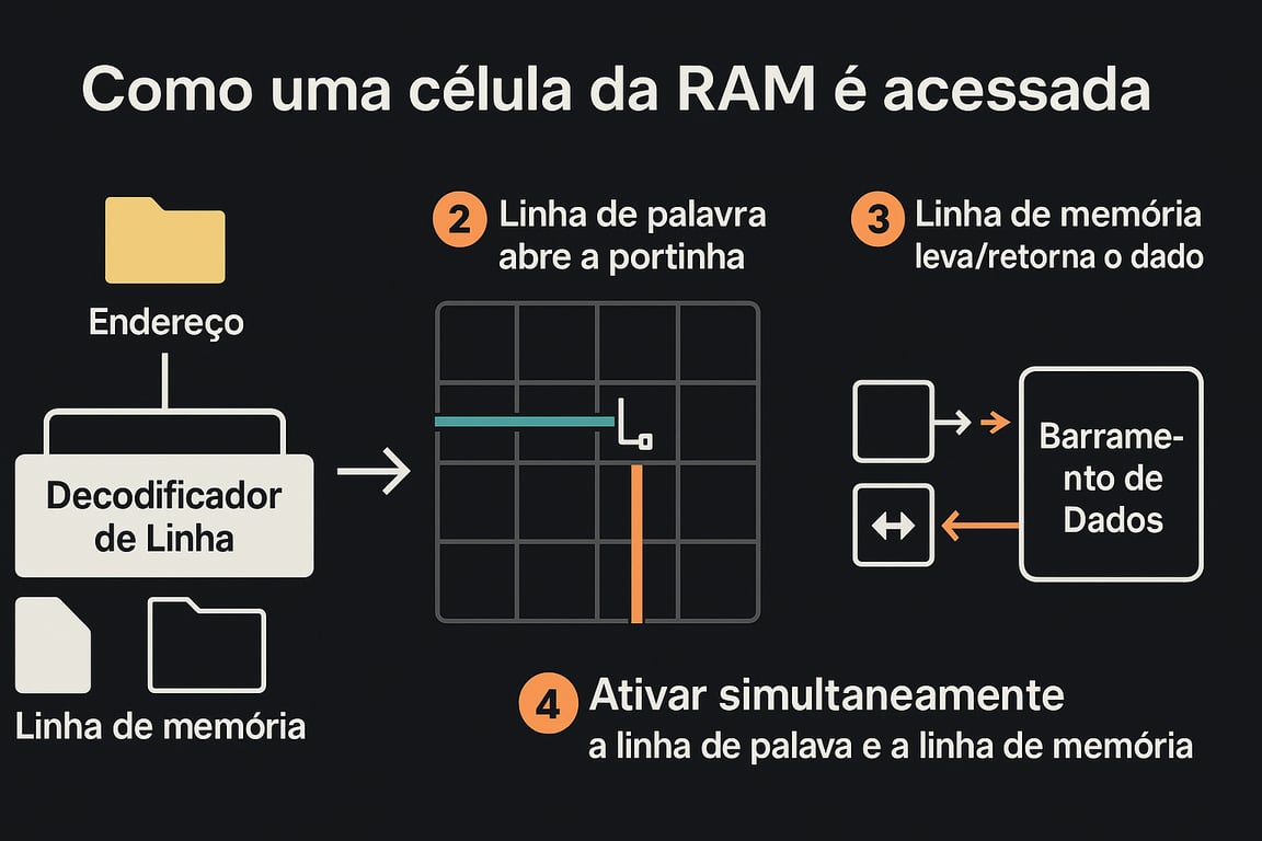 Diagrama mostrando o acesso a uma célula RAM: um decodificador de linha usa um endereço para ativar as linhas de palavra e memória e acessar o dado.
