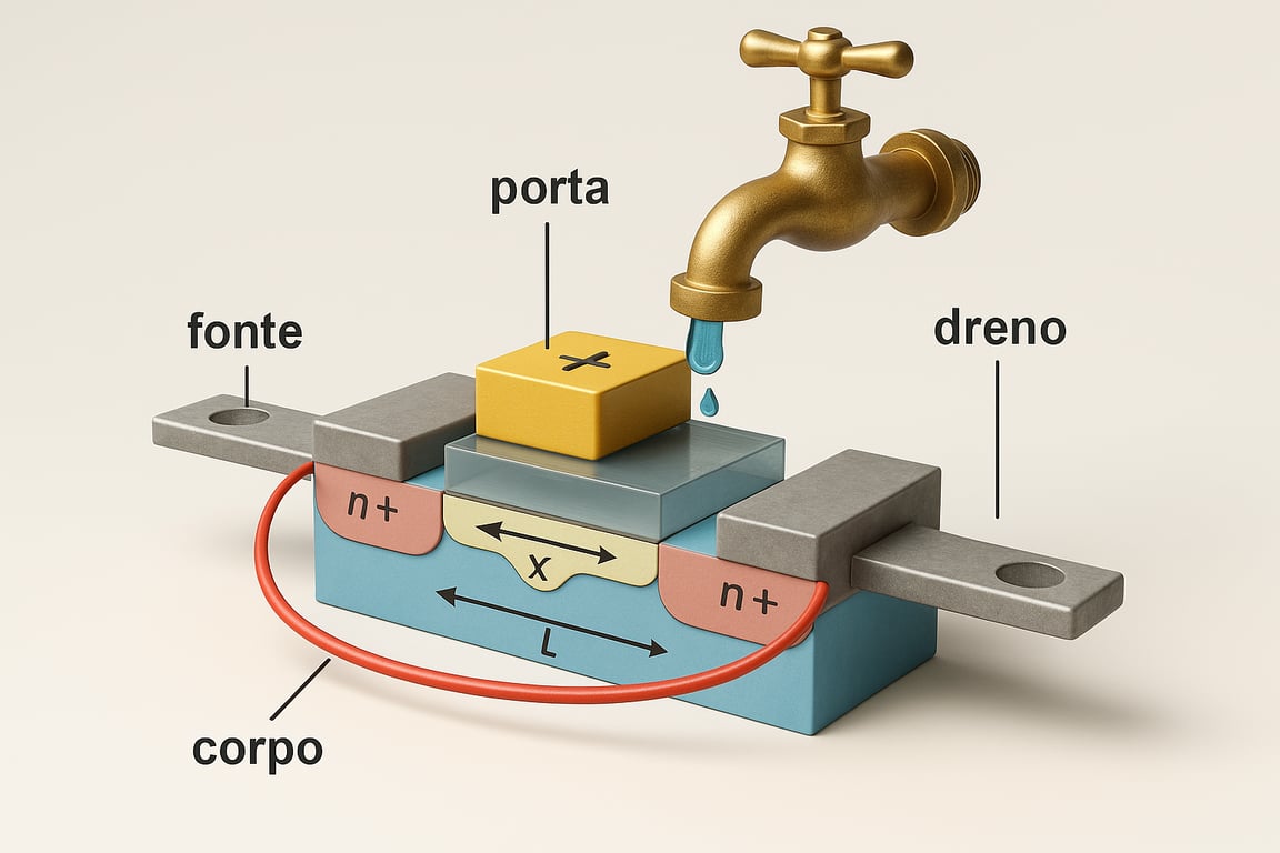  Uma ilustração conceitual de um MOSFET usando a analogia de uma torneira: a porta, um bloco amarelo com uma torneira dourada acima, controla o fluxo de água, que é a eletricidade, entre a fonte e o dreno, que são terminais de metal e que estão conectados a regiões n mais dentro de um corpo de material semicondutor.