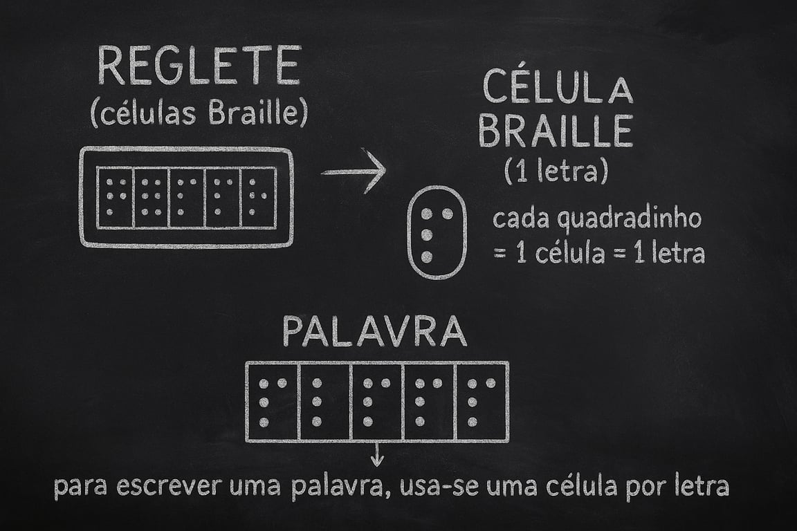 Um diagrama em um quadro-negro que explica a escrita em Braille, mostrando uma régua, reglete, com várias células. A imagem detalha uma célula Braille individual, que representa uma letra, e mostra como várias células são usadas para formar uma palavra.