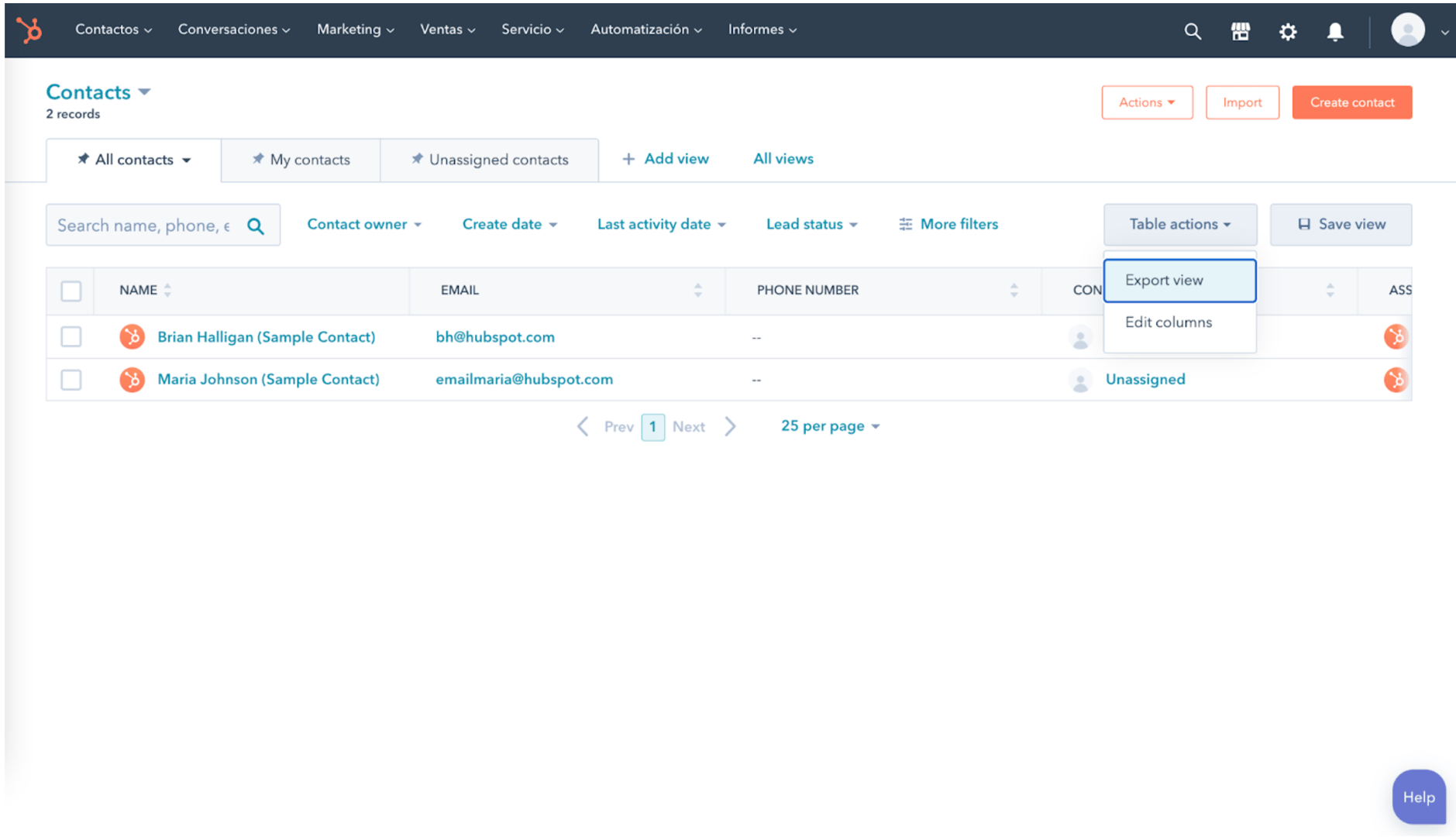 Export view in Hubspot