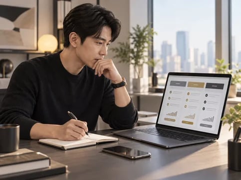 온라인 거래 조건을 꼼꼼하게 비교하는 모습