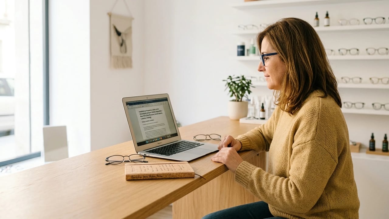 Dueño de óptica revisando opciones en un notebook sobre el mesón de atención