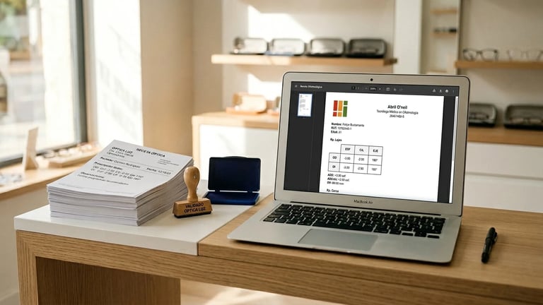 Recetas ópticas organizadas sobre un mesón junto a una pantalla con registro digital