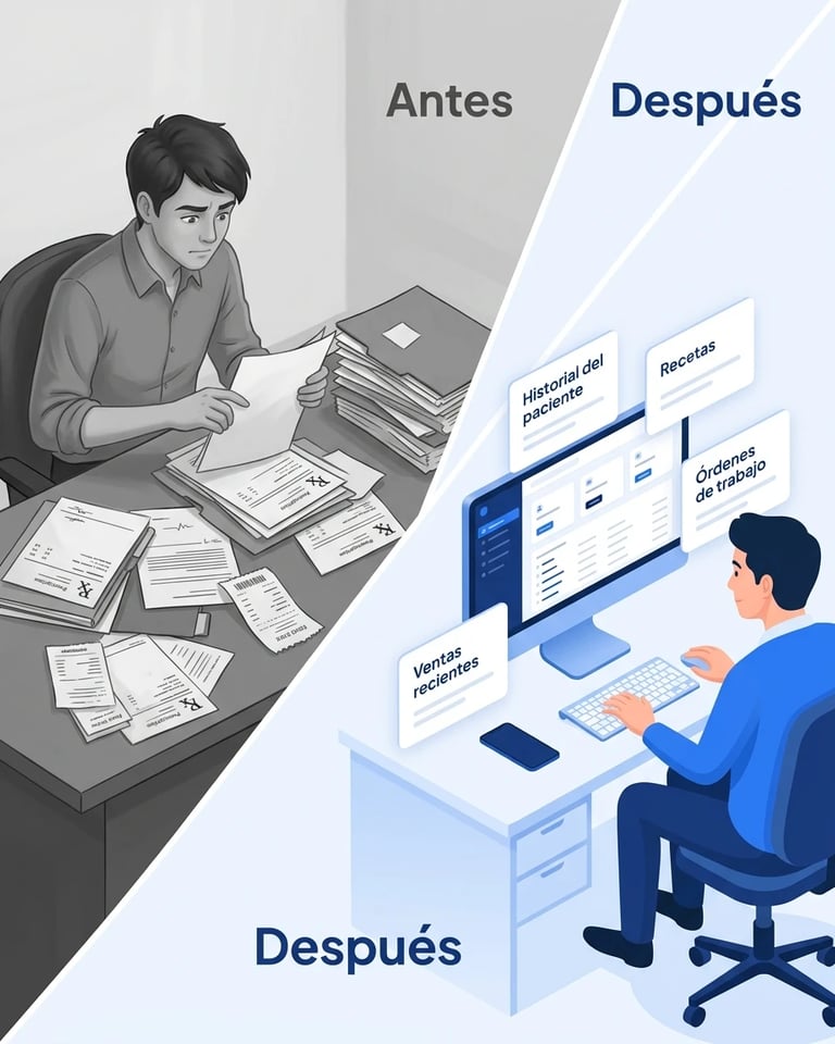 Comparación antes y después de una óptica que pasa de buscar recetas y comprobantes en papel a centralizar la información con Opto