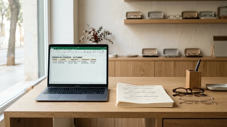 Mesón de óptica con notebook abierto mostrando una planilla de Excel junto a armazones apilados