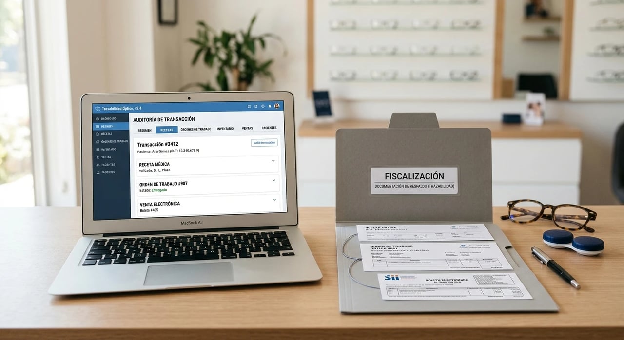 Dueño de una óptica revisando registros de pacientes, ventas e inventario en su computador