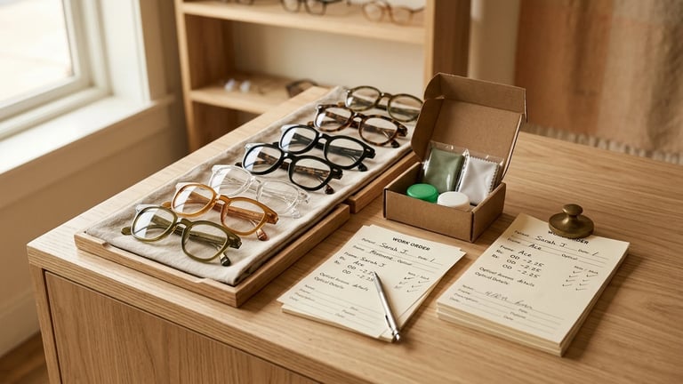 Mesón de óptica con órdenes de trabajo apiladas y armazones sin identificar