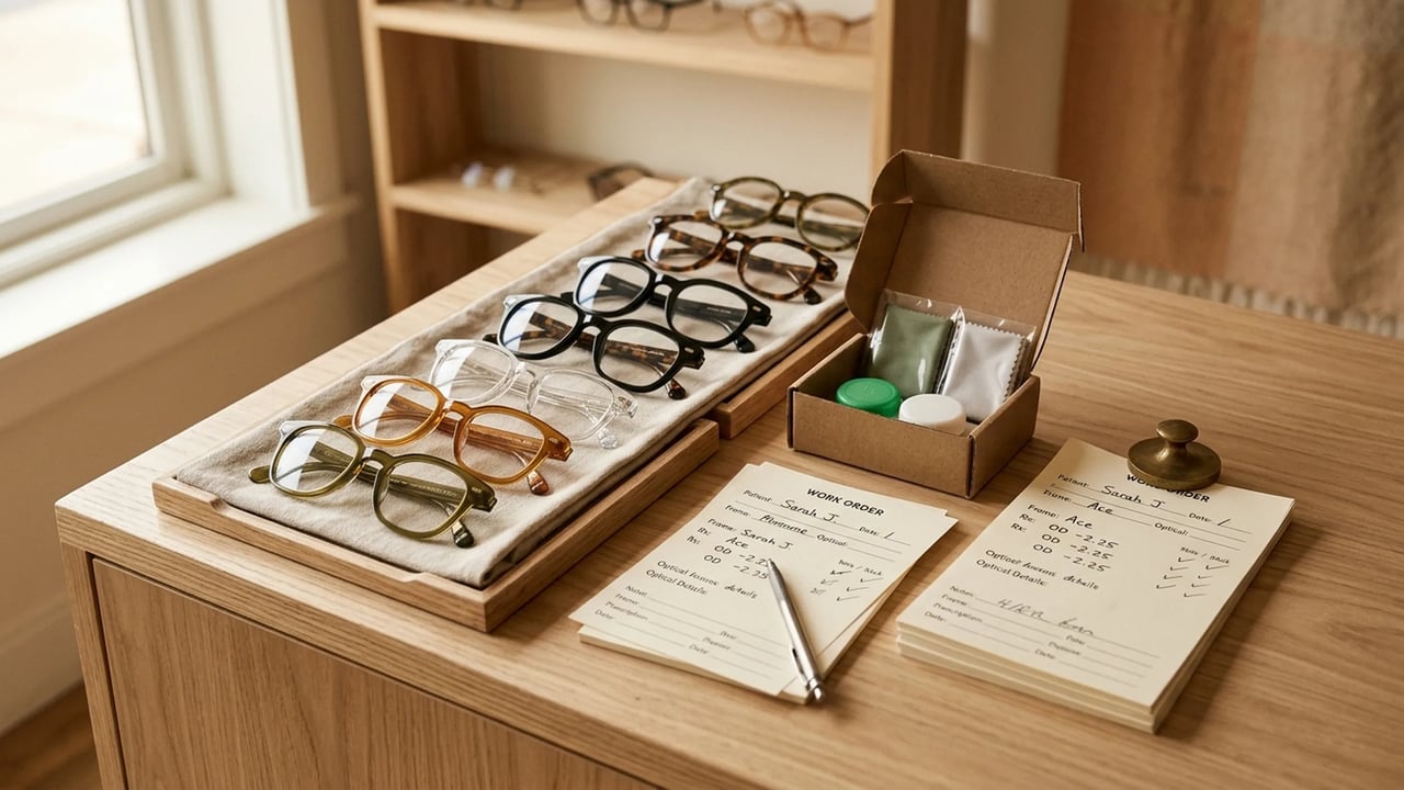 Mesón de óptica con órdenes de trabajo apiladas y armazones sin identificar