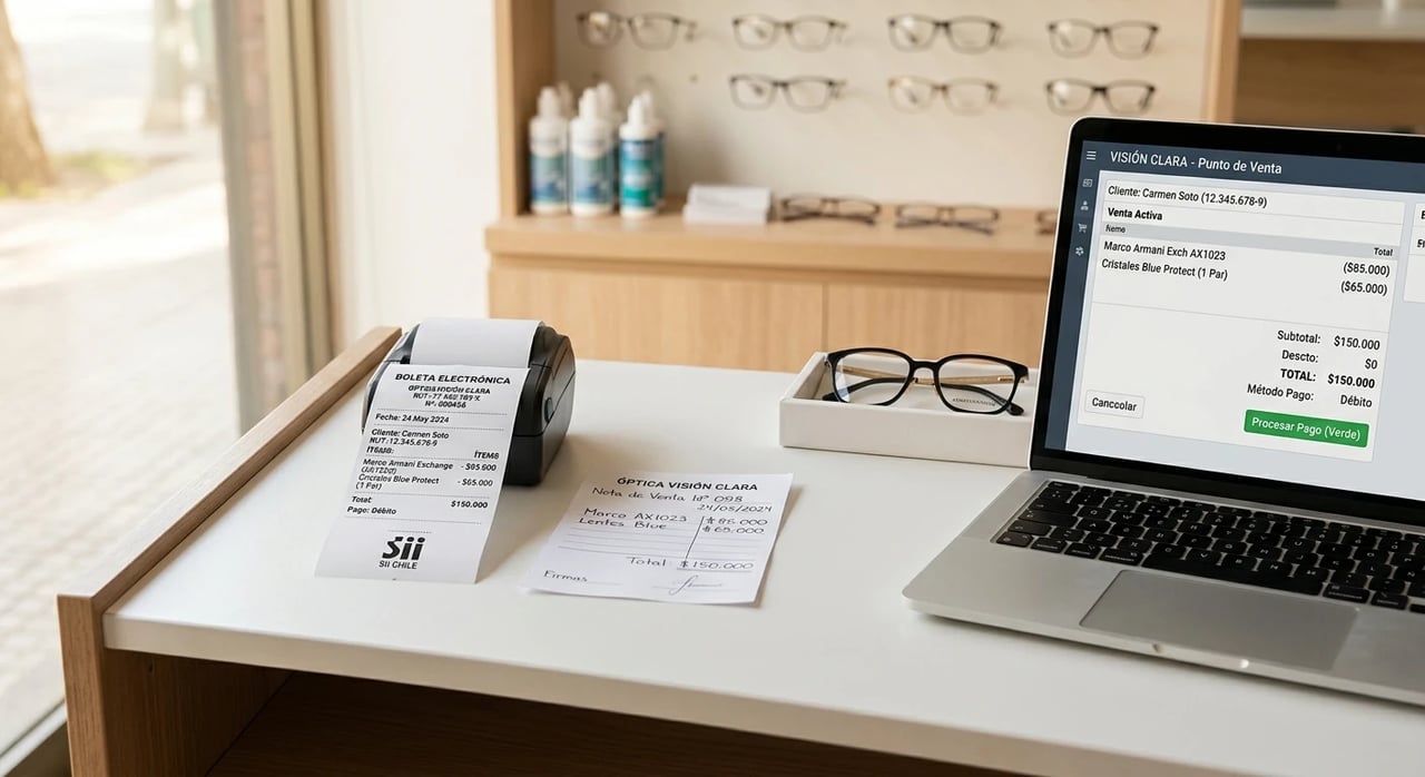 Mesón de óptica con computador, comprobante de venta y boleta electrónica