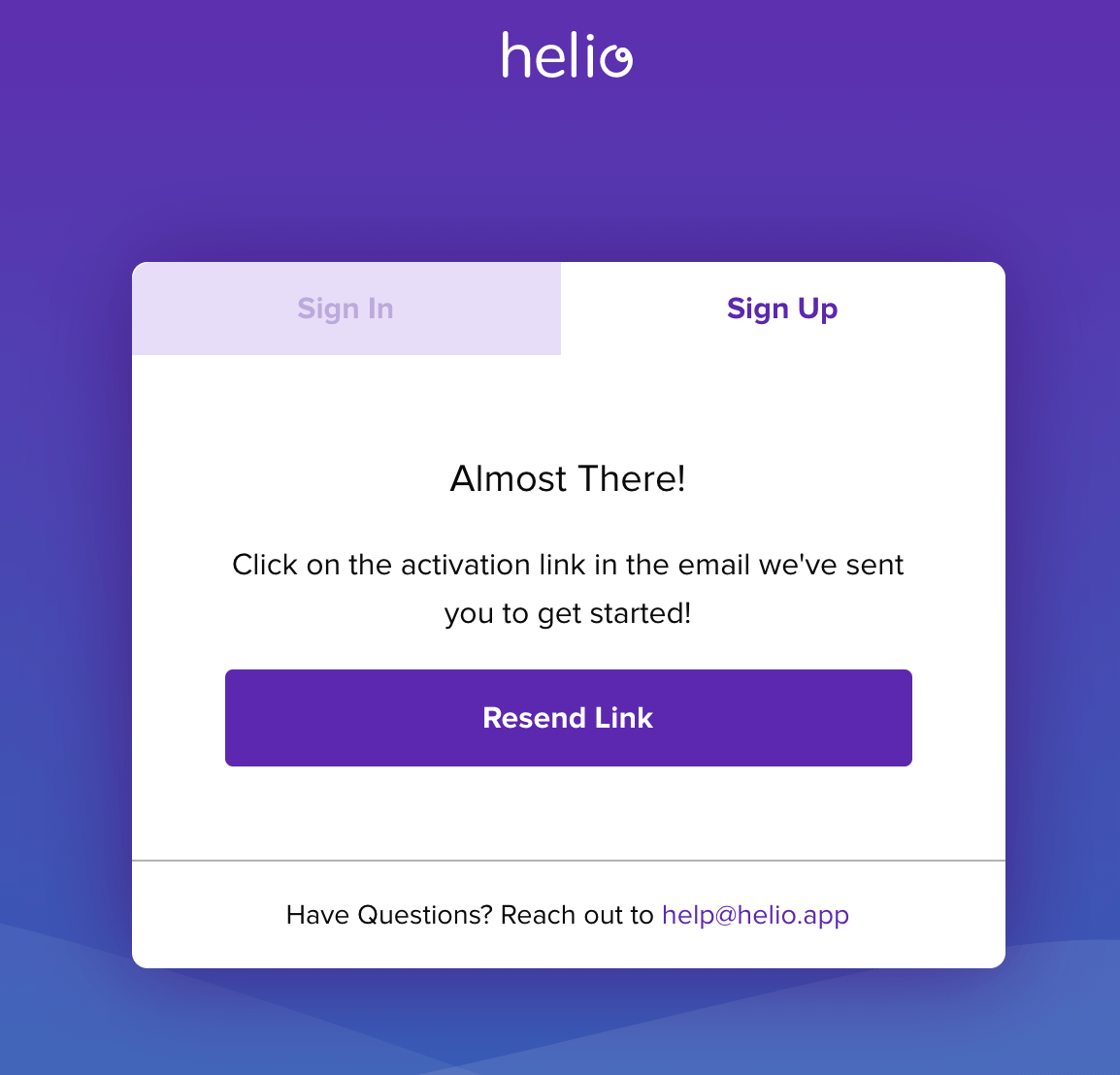 Helio sign up progress.