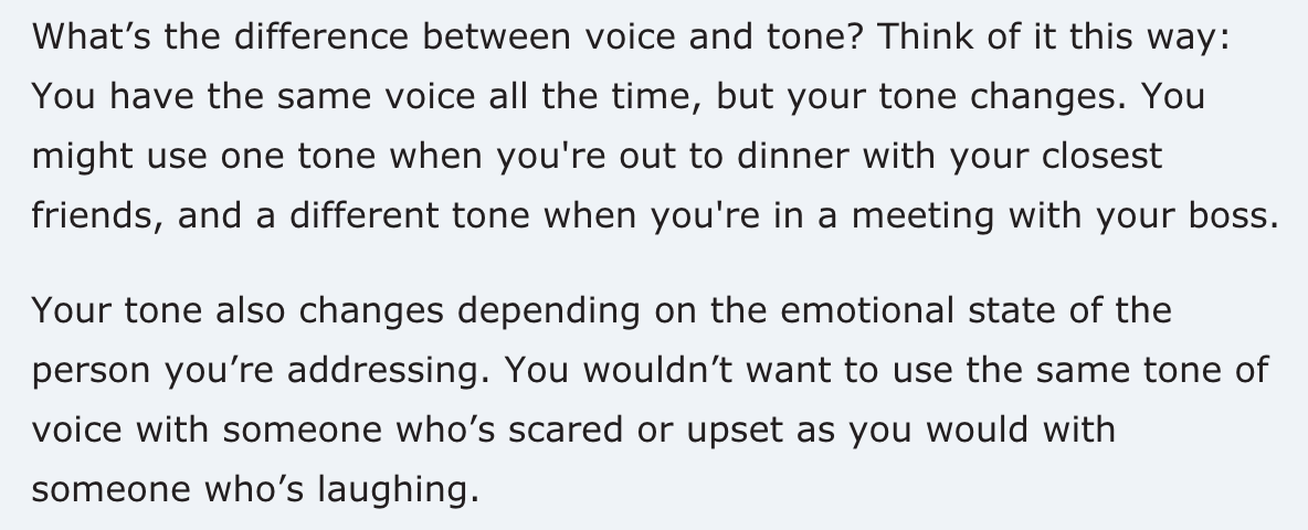 Mailchimp defines voice and tone.