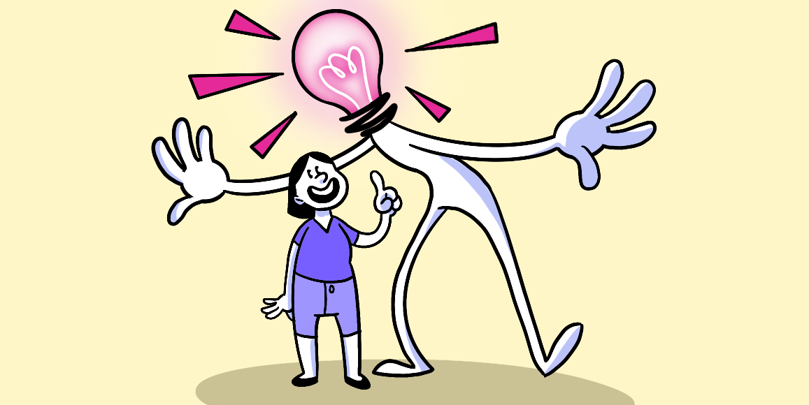 A an idea lightbulb man expressing an aha moment to a woman.