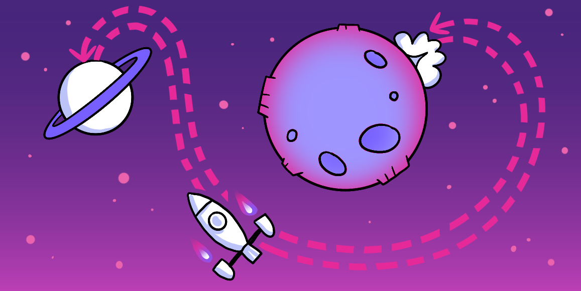Back button navigation demonstrated by a conceptual illustration of a space ship coming back to its planet.