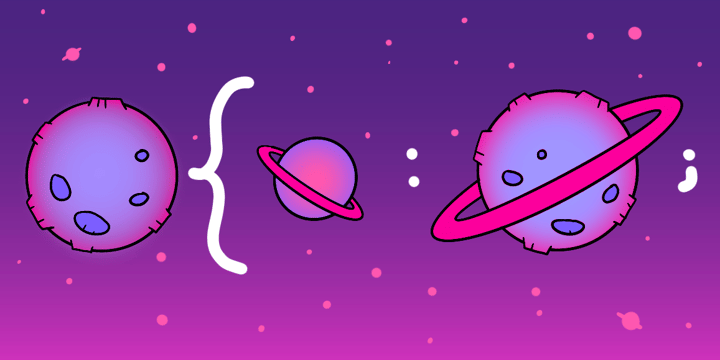 A conceptual illustration of planets and code brackets.