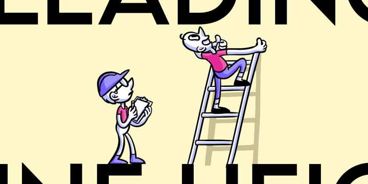 character on ladder examining space between lines of text