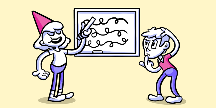 people looking at a whiteboard with lorem ipsum squiggles