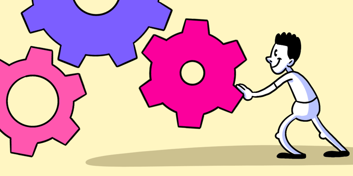 Cartoon of man pushing gears to demonstrate design management.